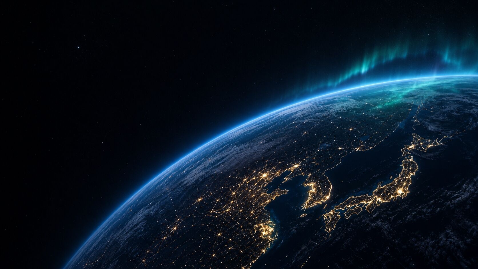 夜の地球を宇宙から俯瞰した情景。日本と東アジアの街の灯りが輝き、北の空にオーロラがかかる。