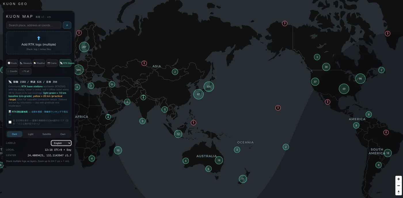 RTK base stations plotted worldwide with online and offline status on KUON MAP