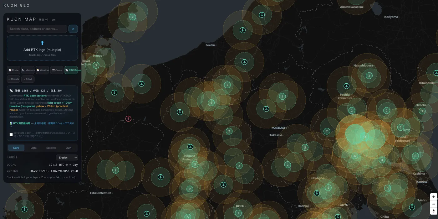 KUON MAP showing community RTK base stations across Japan with 10 km and 20 km coverage circles