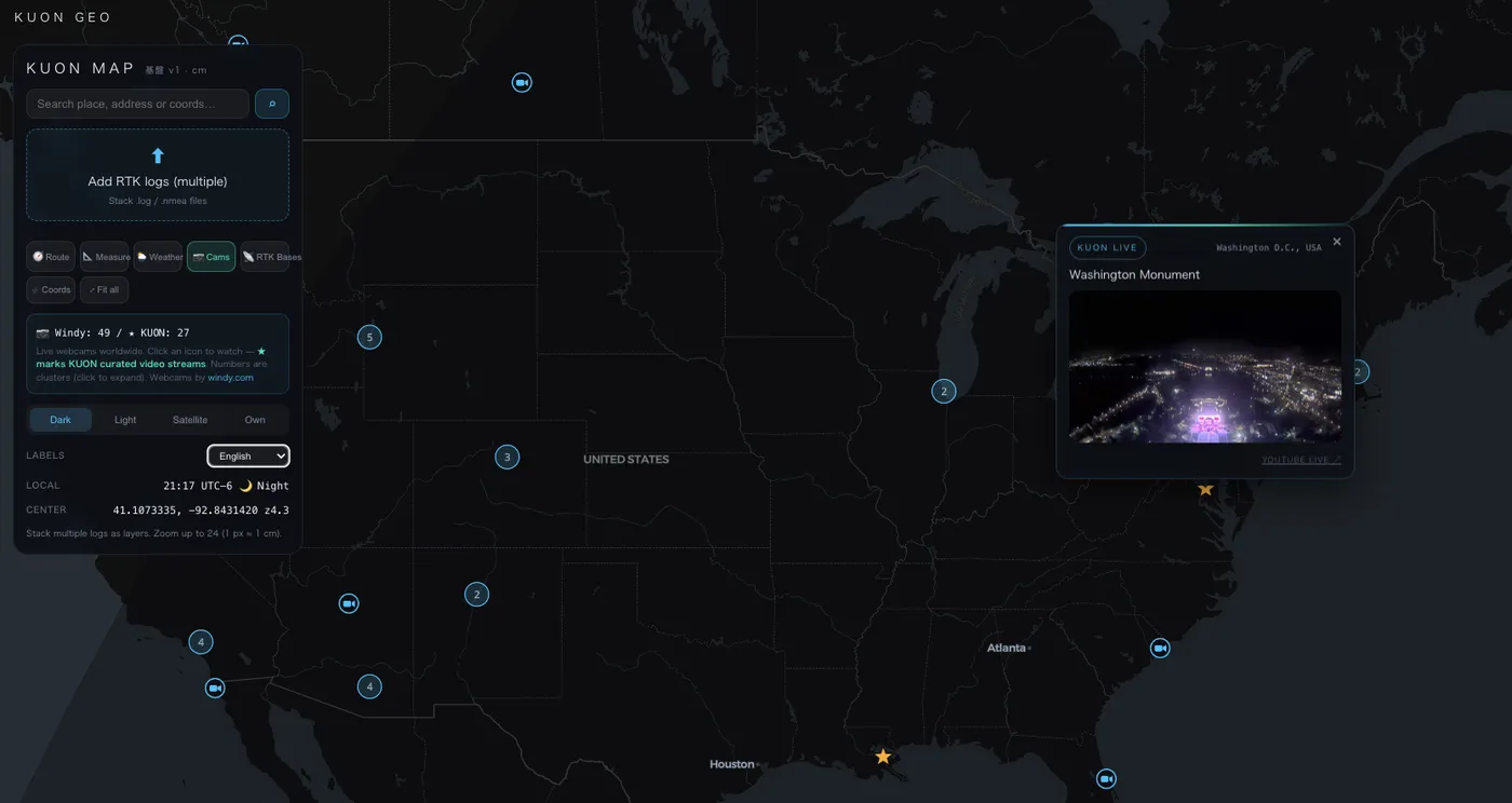 Live webcams layer on KUON MAP