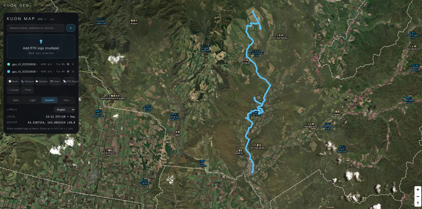 Centimeter-scale RTK NMEA log track plotted on KUON MAP