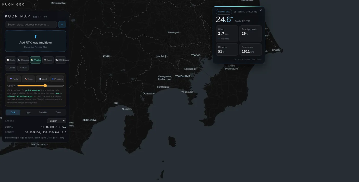 Point weather measurement with temperature, wind and pressure on KUON MAP