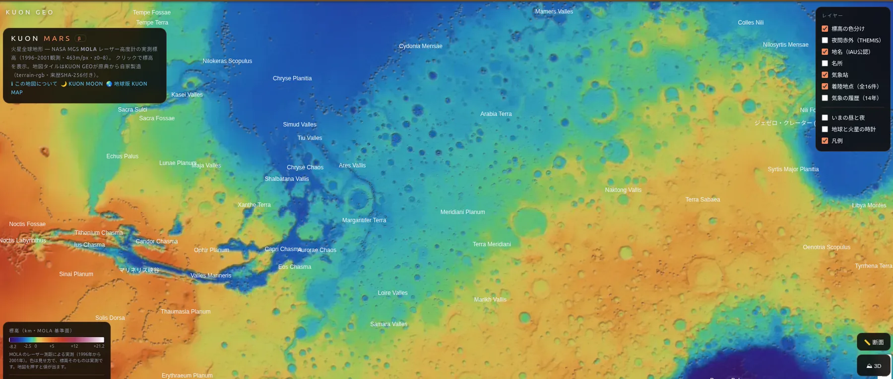 Mars elevation in colour with IAU place names on KUON MARS